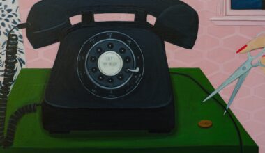 a black rotary phone sits on a green table and a hand reaches out with a scissors to cut the cord in a painting by Angela Burson