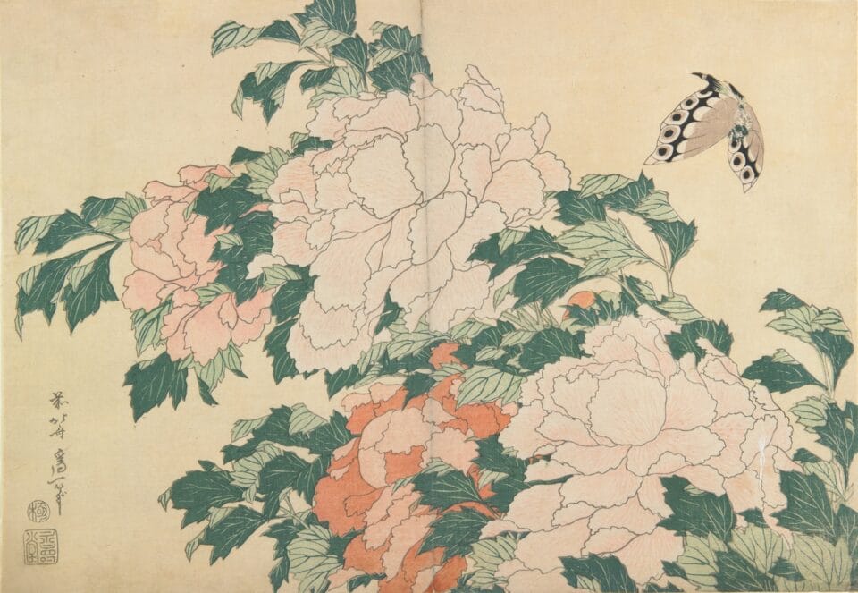 a woodcut print by Katsushika Hokusai of a butterfly and blossoming peonies