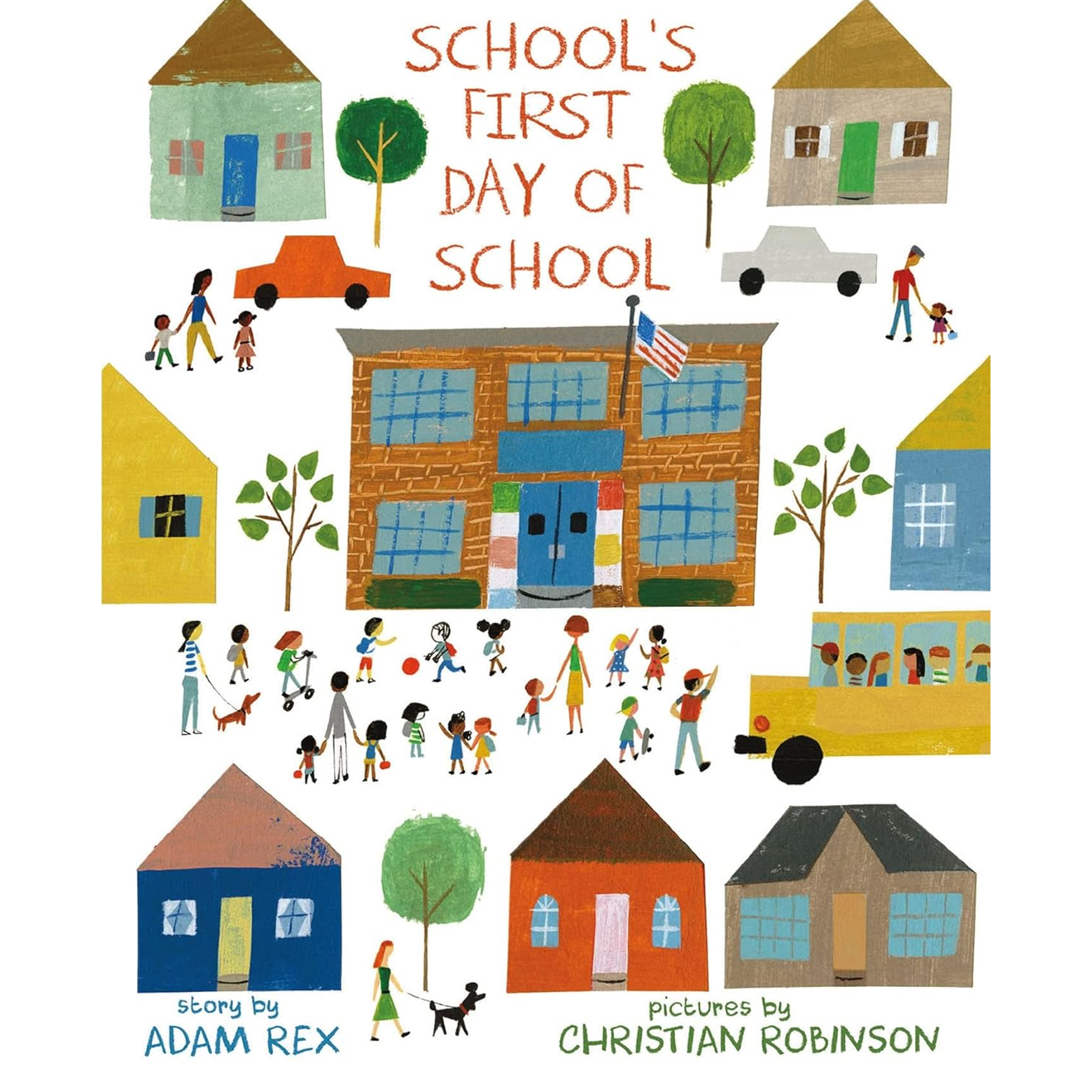 The cover of School’s First Day of School, featuring a number of school buildings with kids filing into them.