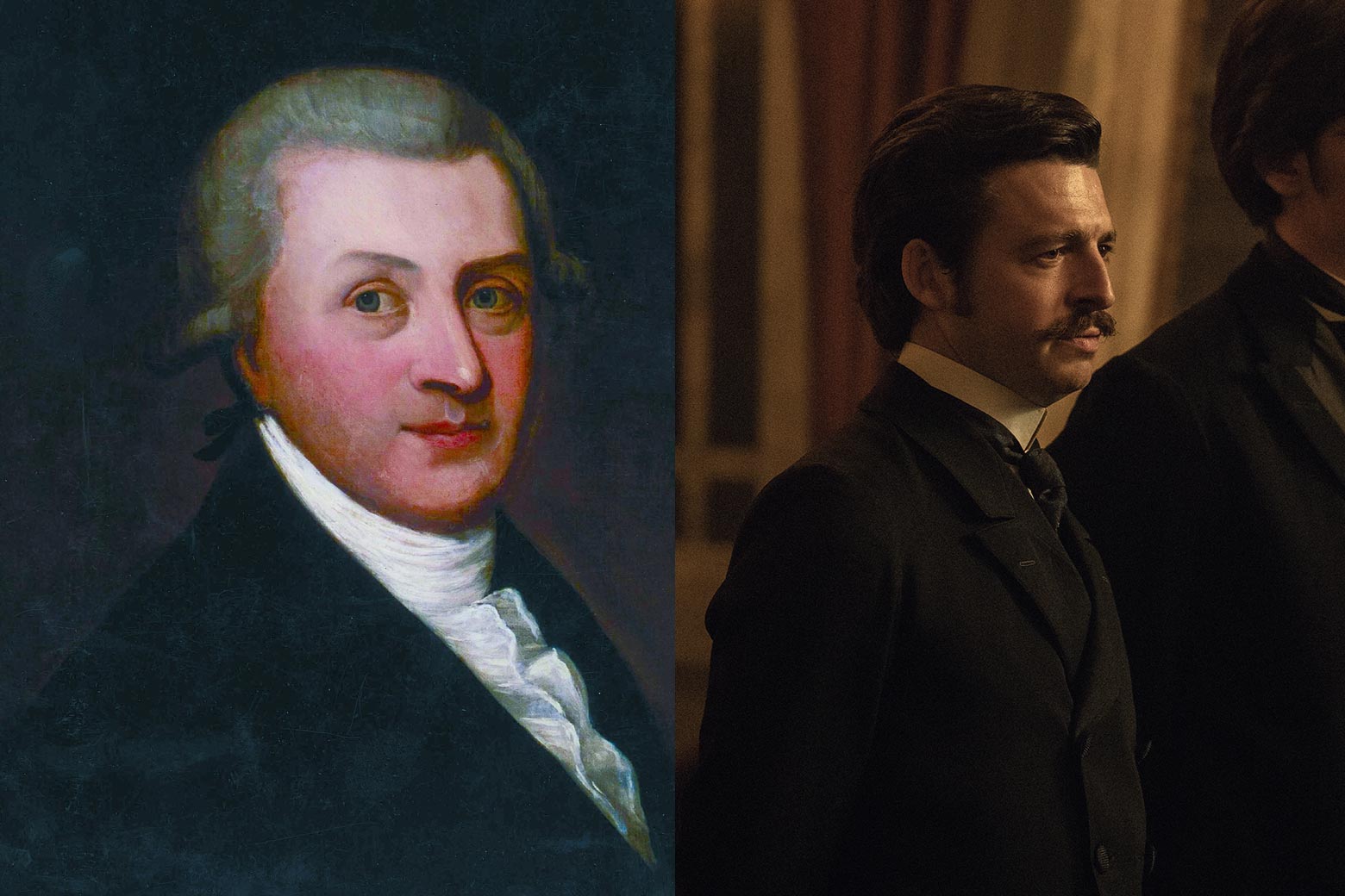A historic painting of Arthur Guinness and Arthur in a scene from the show.