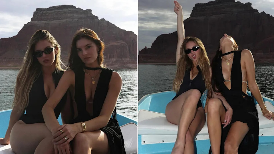 Sydney Sweeney and model pal pose in swimsuits on a boat.