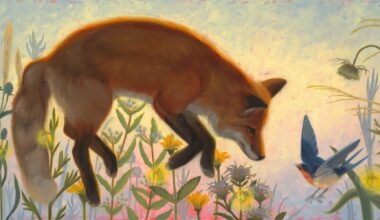a painting by Laura Catherwood of a fox greeting a bird, floating over some flowers