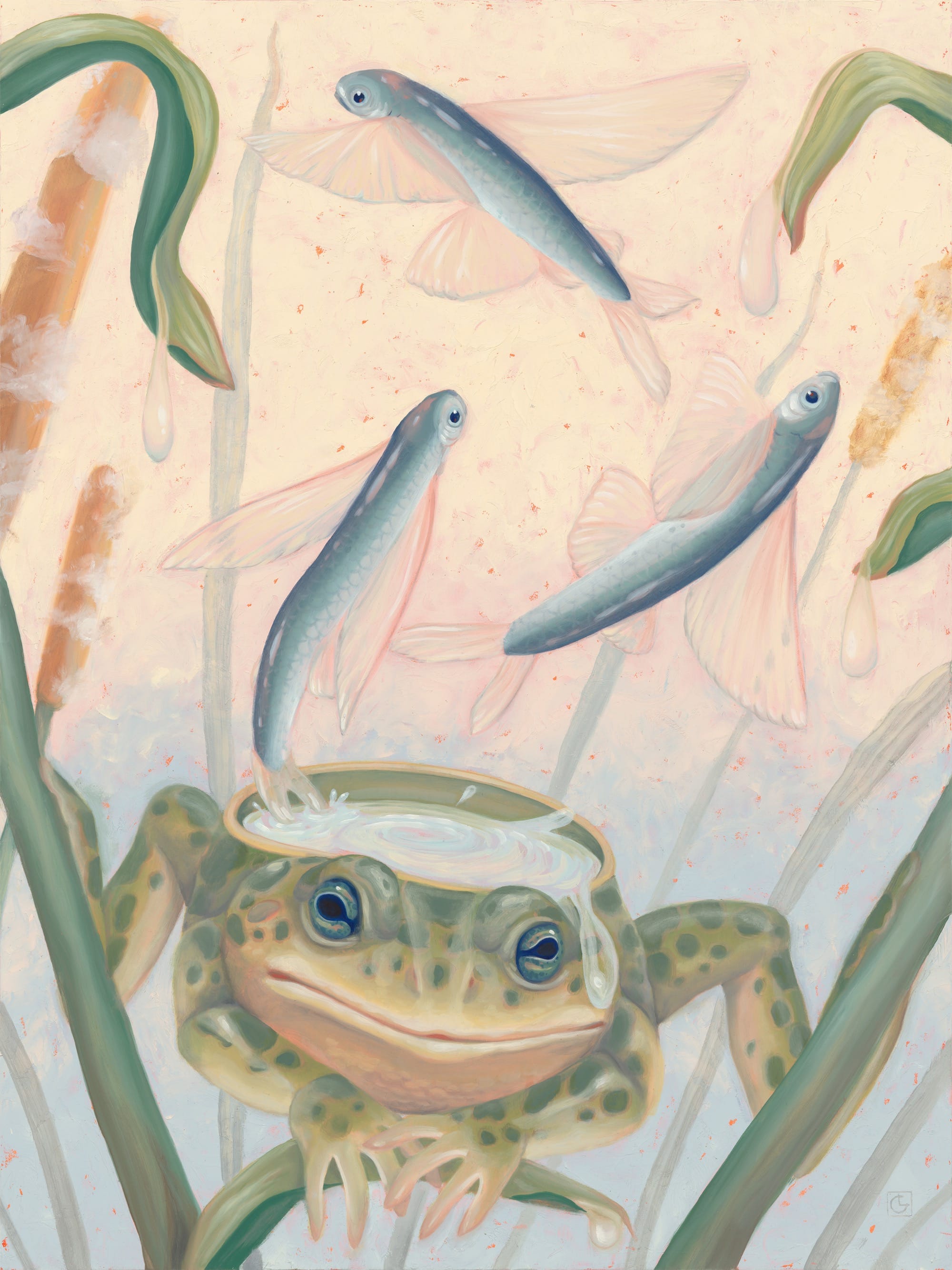 a painting by Laura Catherwood of a toad with an open bowl for a back hosts a number of flying fish that jump in and out of the water