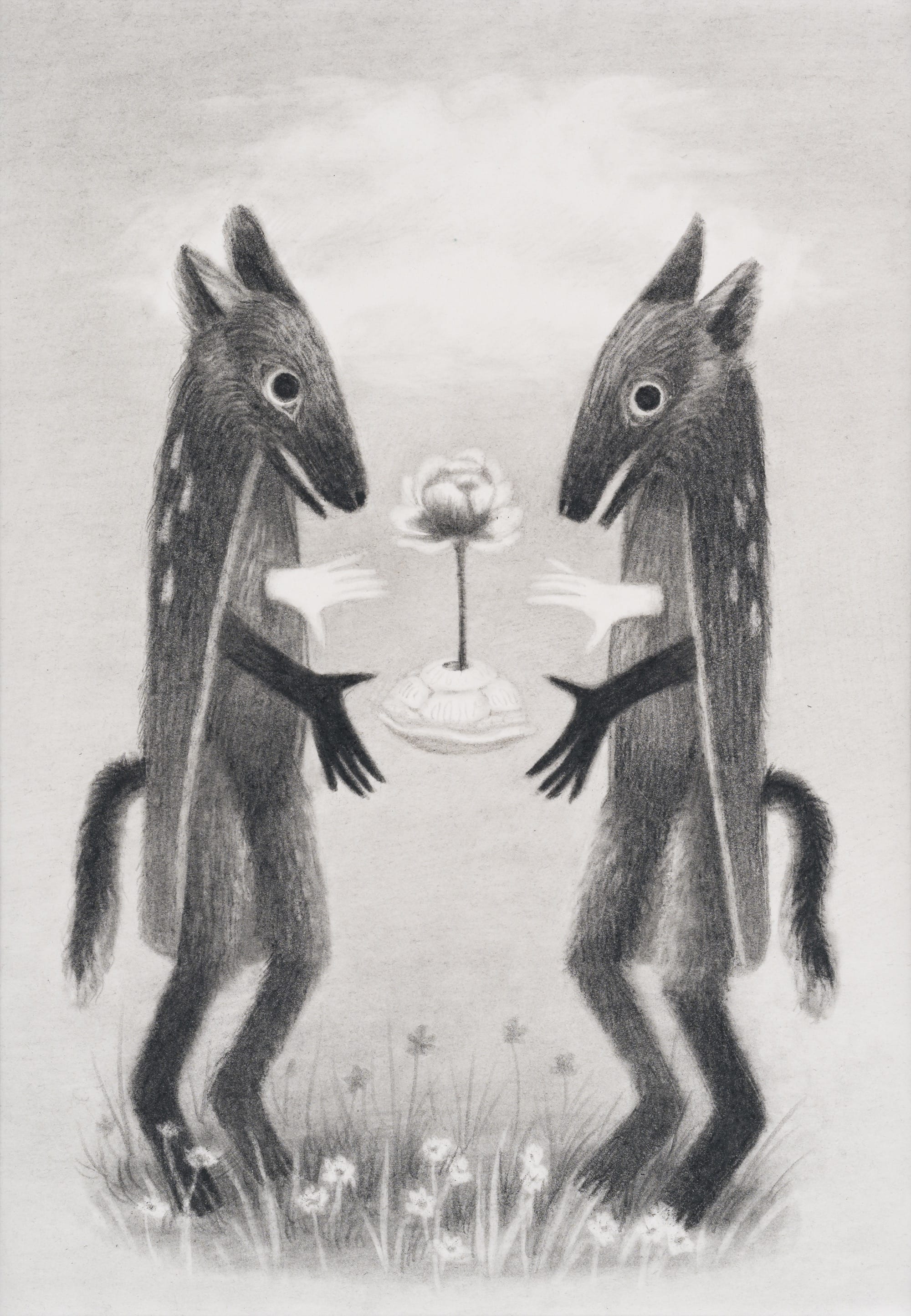 a black-and-white drawing by Laura Catherwood of two fox-like creatures standing upright, with black and white hands, facing one another