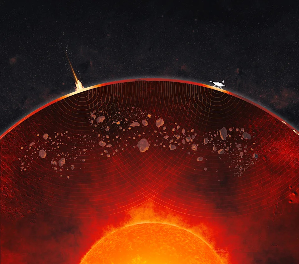 NASA/JPL-Caltech - PHOTO: This illustration provides a cutaway view of the modern Martian interior; a meteor is striking one side of the planet’s surface, creating seismic waves that are detected by NASA’s InSight lander.