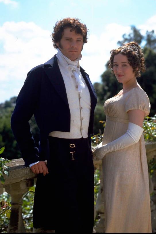 Colin Firth and Jenniifer Ehle in historical attire standing outdoors as Darcy and Elizabeth colin firth and jenniifer ehle in historical attire standing outdoors as darcy and elizabeth
