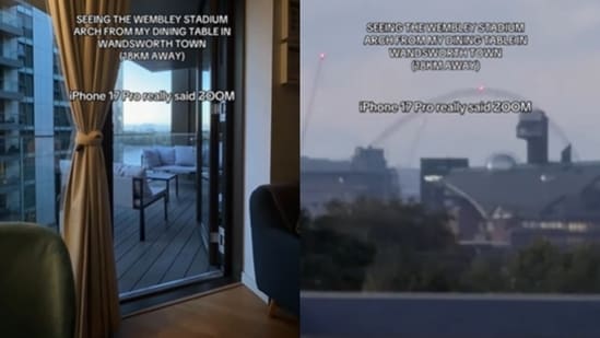 A viral clip from London showed the iPhone 17 Pro zooming 18km to capture Wembley Stadium arch.(Instagram/l0.chi)