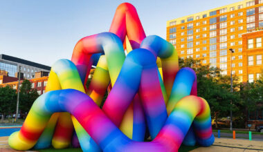 tubular forms shape inflatable rainbow labyrinth by cyril fancelin in grand rapids