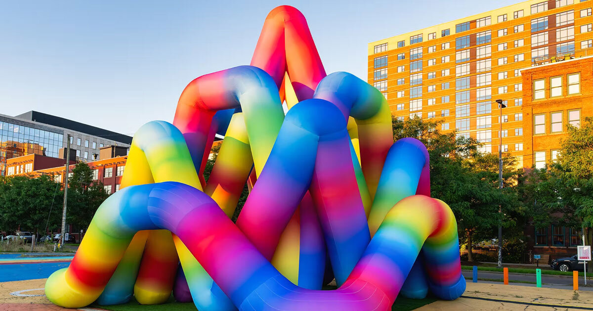 tubular forms shape inflatable rainbow labyrinth by cyril fancelin in grand rapids