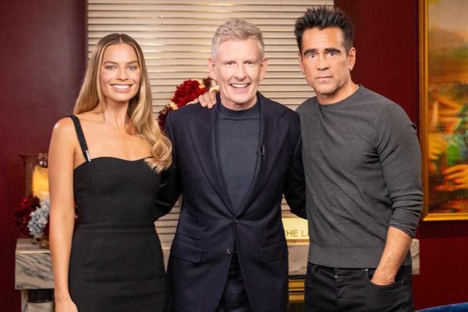 Actors Colin Farrell and Margot Robbie with Late Late Show host Patrick Kielty. Photo: RTÉ