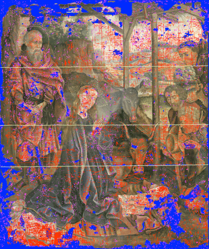 A nativity scene painting featuring Mary, Joseph, baby Jesus in a manger, and animals, with visible areas of damage and digital markings in blue and red overlaying the image.