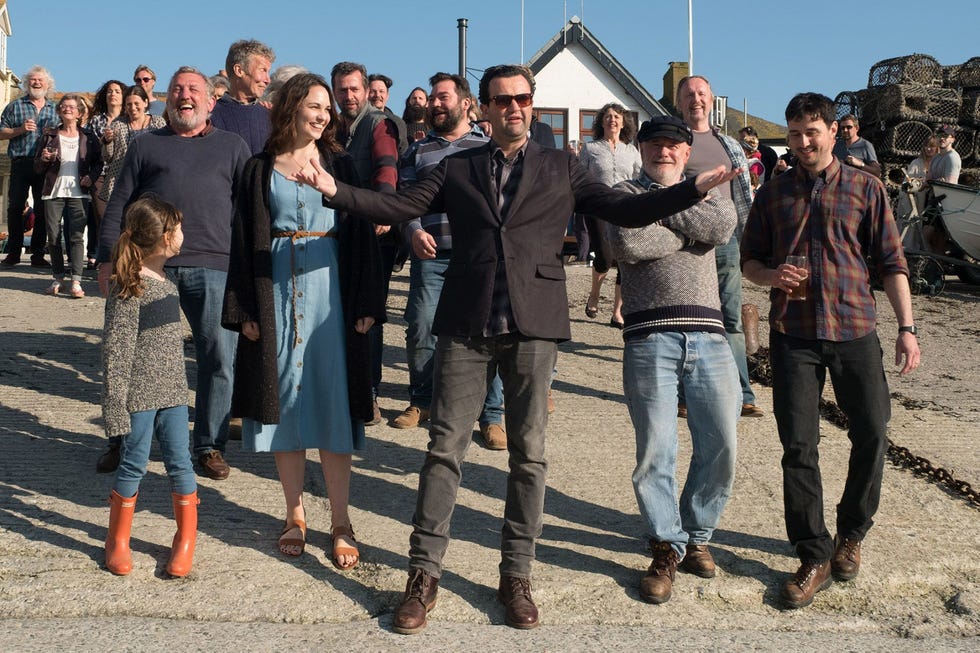 Daniel Mays, Fisherman's Friends meadow nobrega as tamsyn, tuppence middleton as alwyn, daniel mays as danny, dave johns as leadville and sam swainsbury as rowan, fisherman's friends