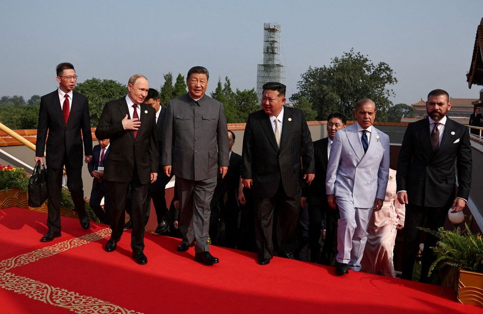 Russian president Vladimir Putin, Chinese president Xi Jinping, North Korean leader Kim Jong Un, Pakistan's prime minister Shehbaz Sharif and heads of foreign delegations arrive for a military parade in China. Photo: Reuters