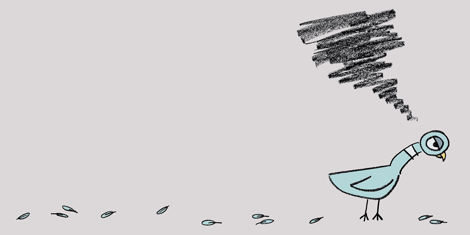 On a wordless page, the Pigeon looks down at the ground, dejected, with a few feathers scattered around him.