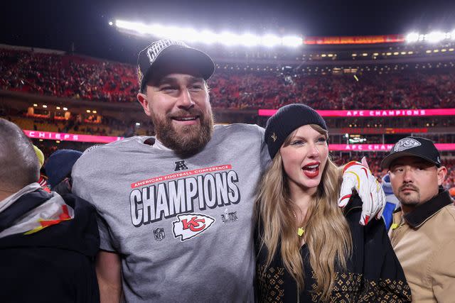 Getty Images Travis Kelce and Taylor Swift at the AFC Championship Game in 2025.