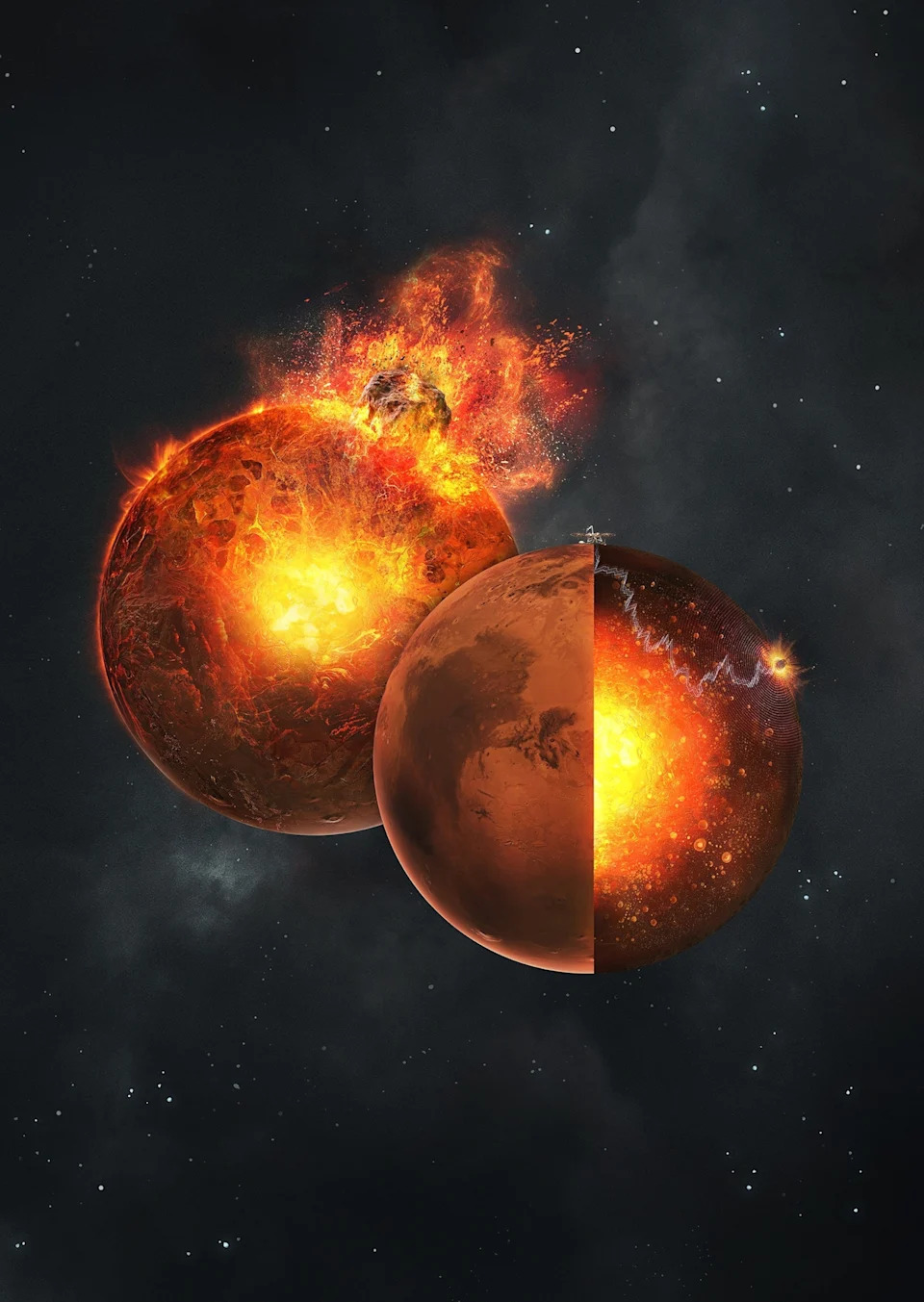 Illustration by @vadimsadovski - PHOTO: Illustration showing the evolution of Mars from an early giant impact to the present day.