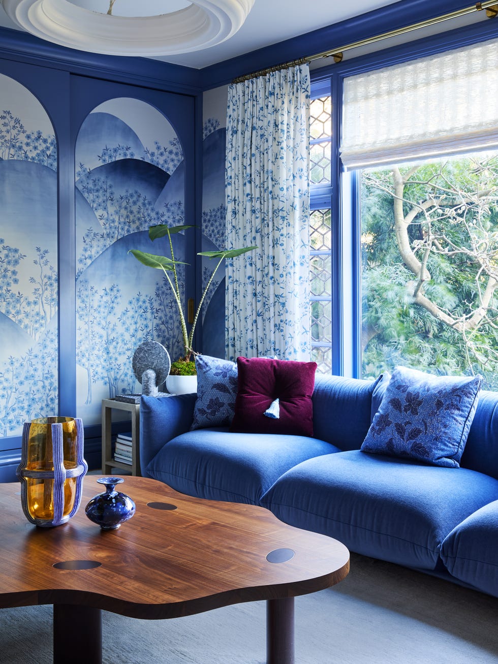 family room with blue and white wallpaper. family room with blue and white wallpaper.