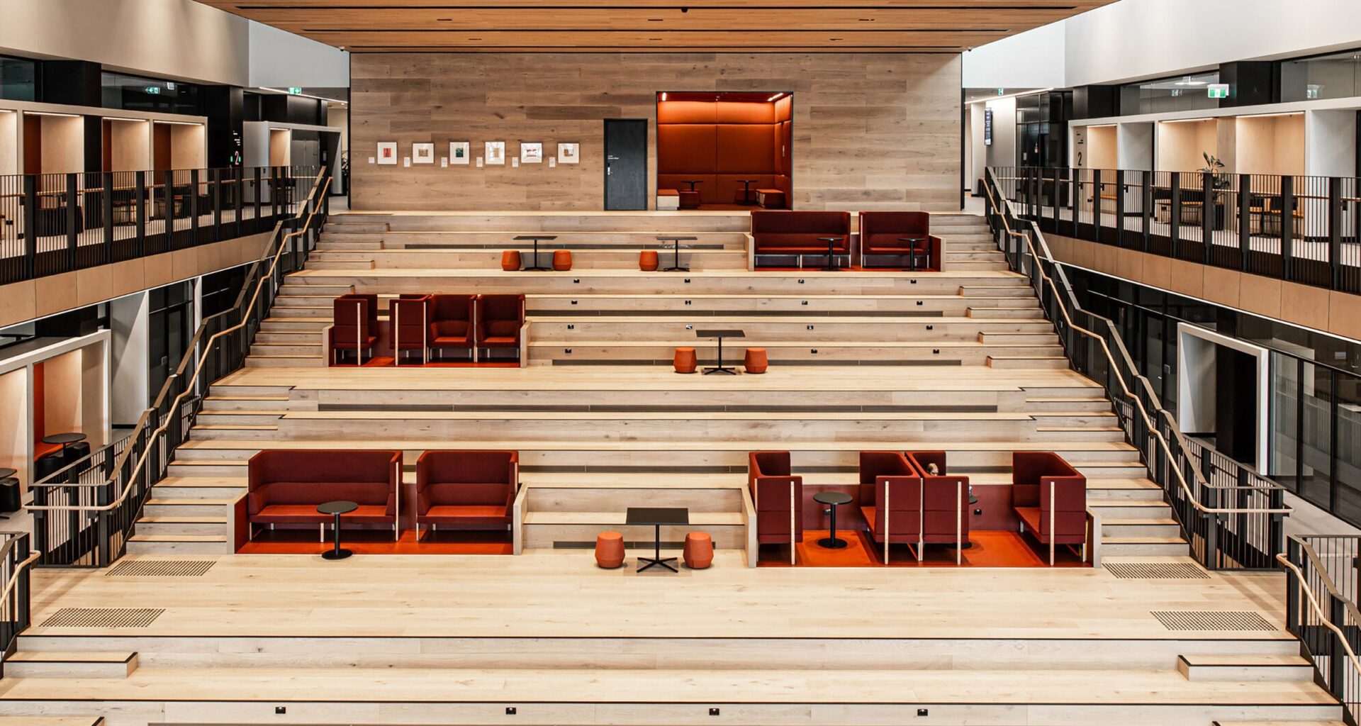 Tiered seating in a university lobby