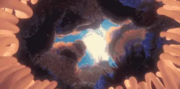 Animated underwater scene with vibrant coral formations swaying gently, creating a tunnel-like effect with light filtering through from above