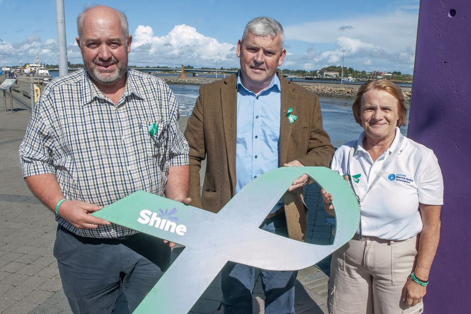 At the launch of the Shine.ie Green Ribbon on the Wexford Quayfront on Monday were Patrick Hipwell (Green Ribbon Campaign), Cllr Pat Kehoe and Imelda Dempsey (Wexford Mental Health Association). Pic: Jim Campbell