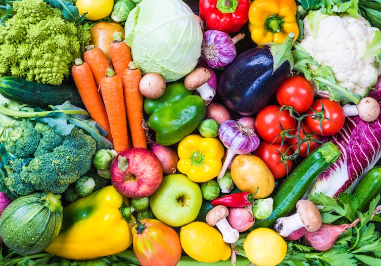 An assortment of colourful fruits and vegetables.