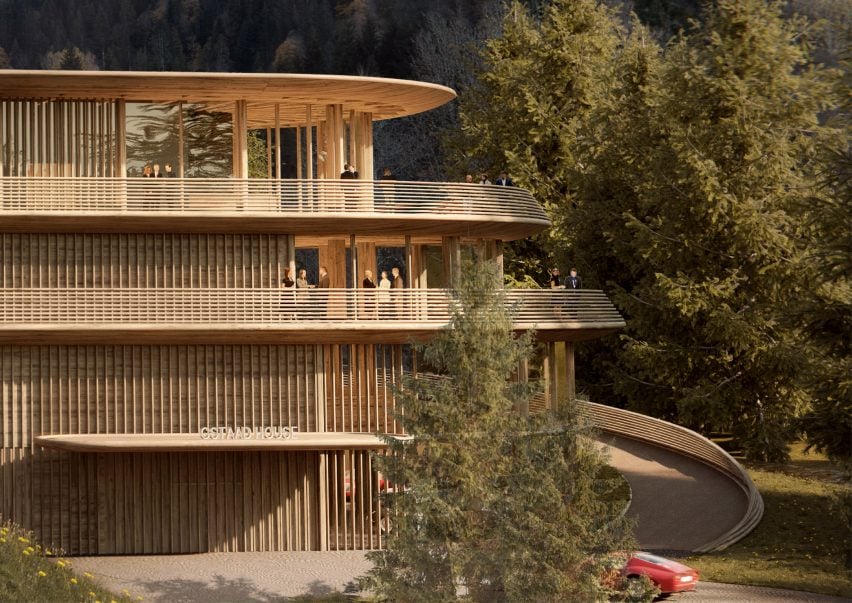 View of timber showroom by Foster + Partners