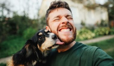 A dog licking its human friend.