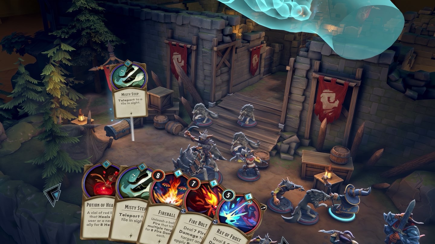 A gameplay screenshot from Demeo x Dungeons & Dragons Battlemarked, showing a tabletop UI with figurines and cards with attack moves.