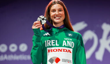 Kate O'Connor celebrates after receiving her silver medal at World Athletics Championships