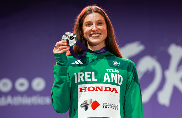 Kate O'Connor celebrates after receiving her silver medal at World Athletics Championships
