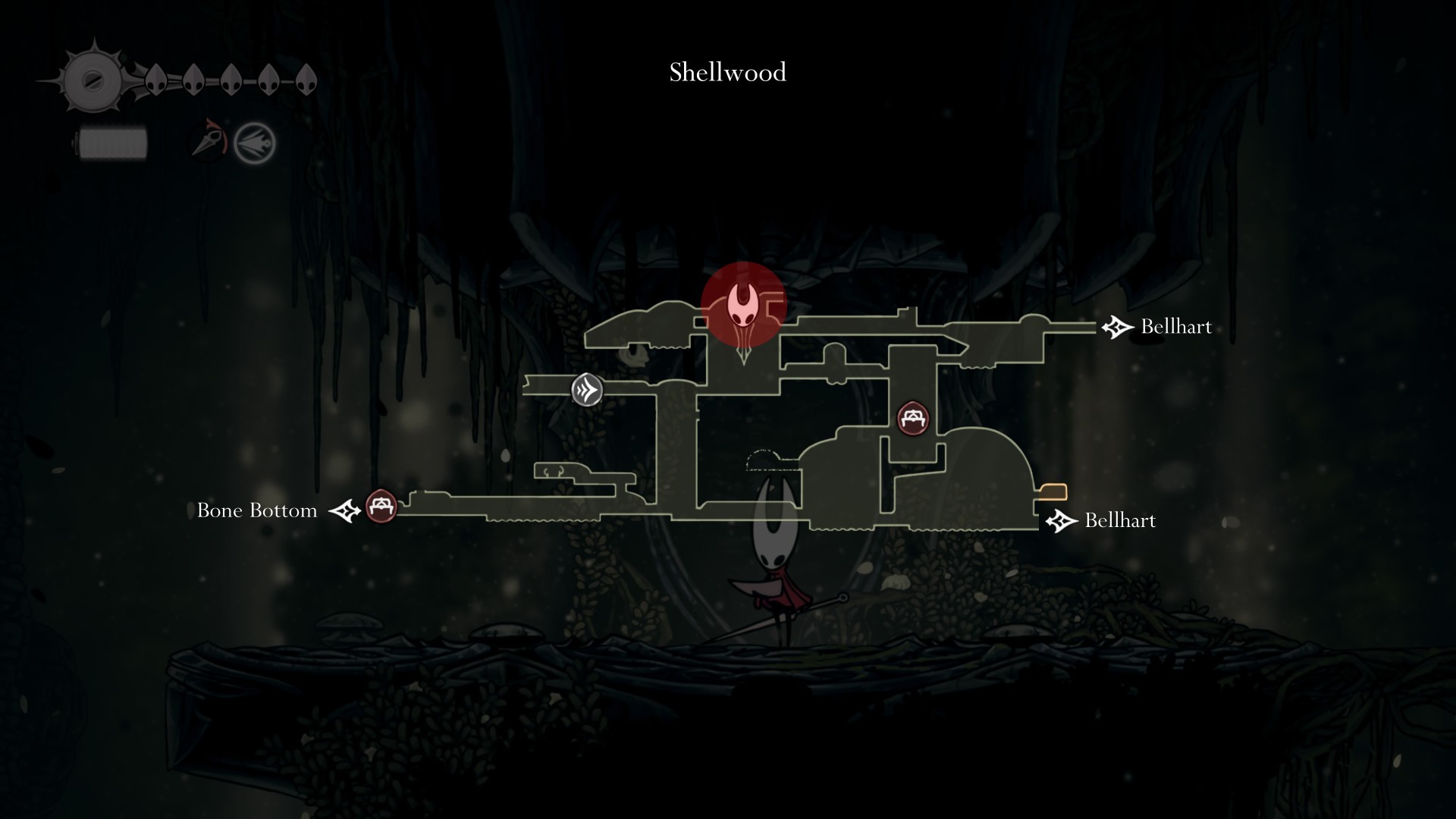 A map of Shellwood showing the exact location of the Wall Jump ability.
