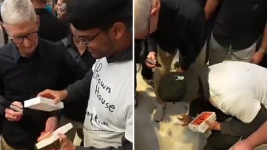 A man dropped his phone in front of Tim Cook while taking it out of the box. (TikTok/@brownhouse_clipz)
