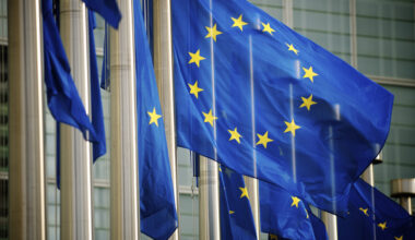 EU Flags Flying at the European Commission Building Brussels Belgium