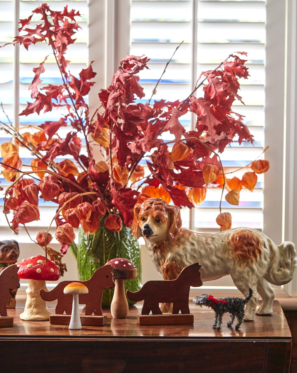An autumnal arrangement in Emily Sutton's home an autumnal arrangement sits atop an antique table by the windows in emily sutton's home