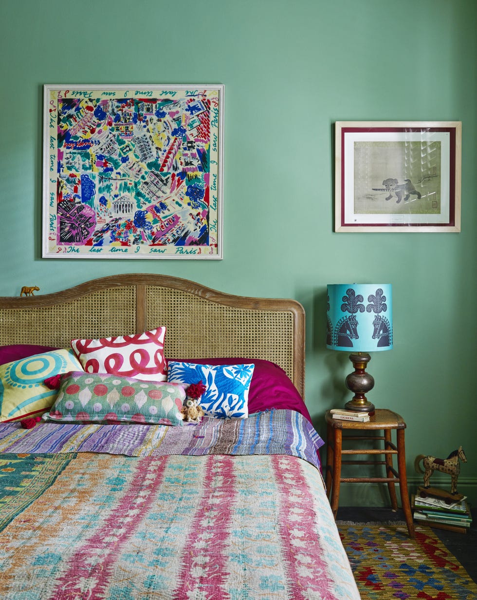 Breakfast Room Green bedroom in York terrace bedroom painted in farrow & ball breakfast room green with vintage lamp, indian throw, and framed antique silk scarf