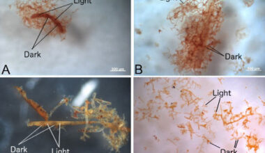 Bright field images are shown for vessels harvested as described in methods from (a) ostrich vessels soaked in hemoglobin solution under deoxygenating conditions, (b) ostrich vessels soaked in hemoglobin under oxygenated conditions, (c) vessels recovered from demineralized Brachylophosaurus canadensis and (d) Tyrannosaurus rex bone. Scale bars - 0.5 mm in (a-c) and 0.2 mm in (d). Image credit: Long et al., doi: 10.1098/rspa.2025.0175.