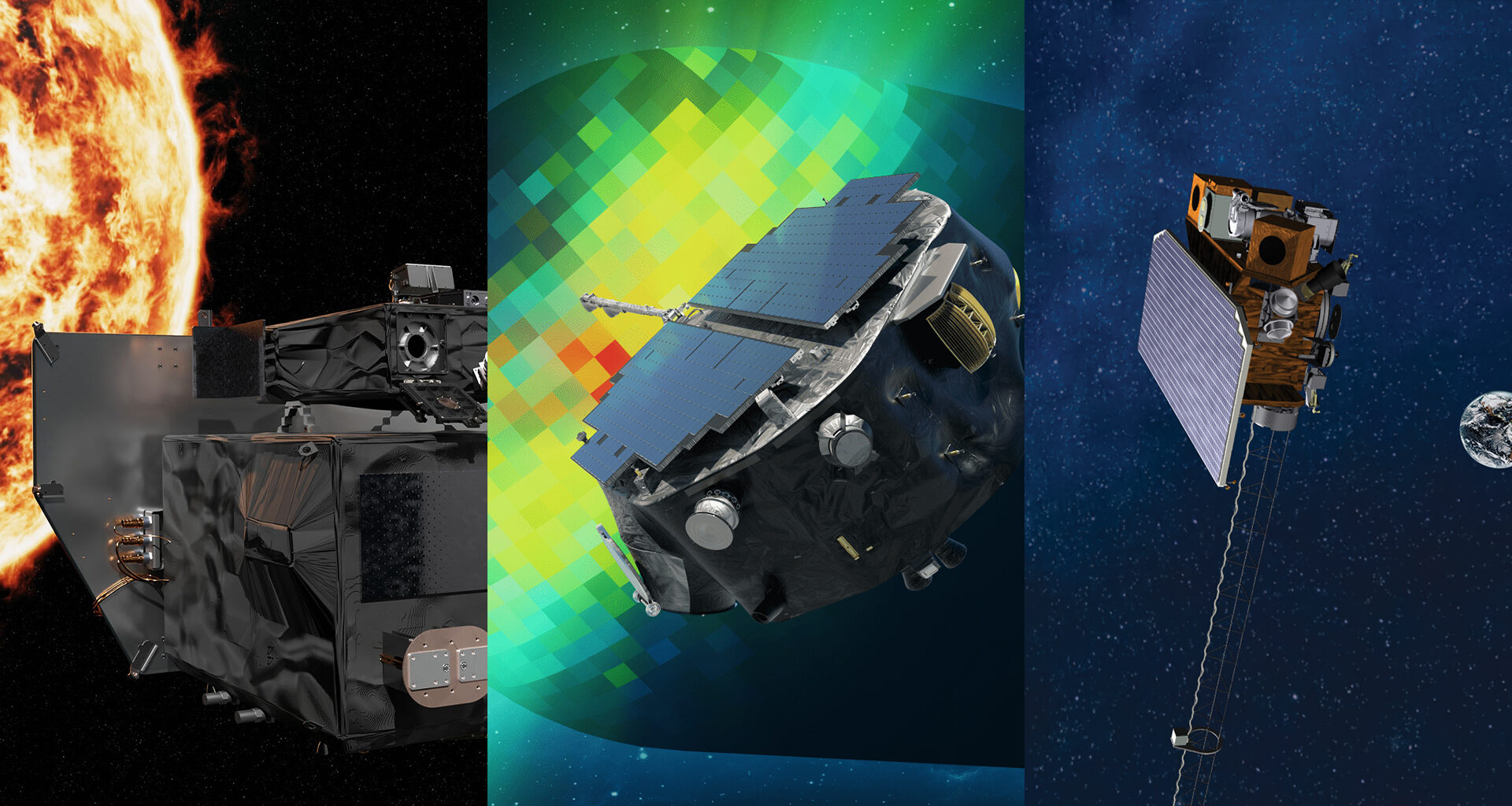 A triptych illustration shows the Carruthers Geocorona Observatory facing the Sun, the IMAP spacecraft mapping the heliosphere, and SWFO-L1 monitoring space weather near Earth.