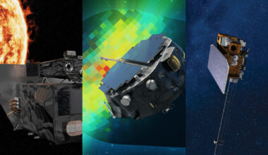 A triptych illustration shows the Carruthers Geocorona Observatory facing the Sun, the IMAP spacecraft mapping the heliosphere, and SWFO-L1 monitoring space weather near Earth.