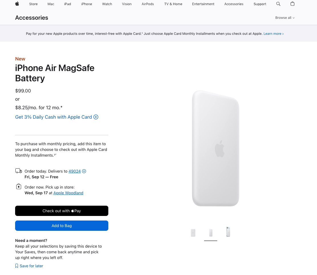 Screenshot of the iPhone Air MagSafe Battery on Apple's website.
