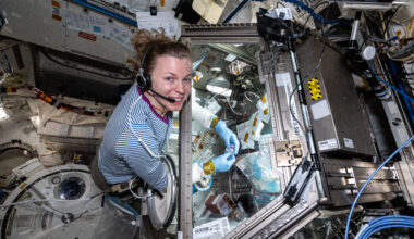 An astronaut smiles at the camera while she works at a glovebox on the International Space Station. Her hands are inside the glove box. She is wearing a black headset.