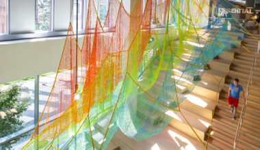 janet echelman suspends woven artwork within the MIT museum