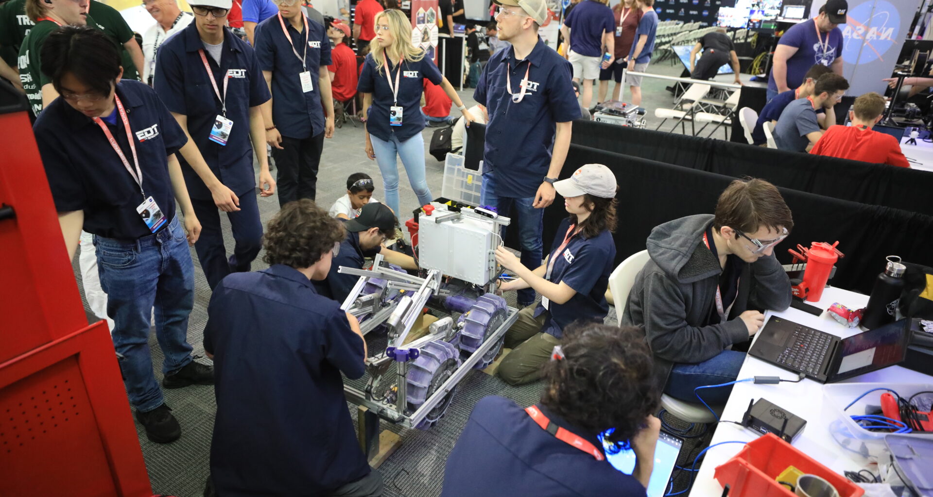 Students prepare their robots to enter Artemis Arena during NASA’s Lunabotics competition on May 20, 2025, at the Center for Space Education near the Kennedy Space Center Visitor Complex in Florida.
