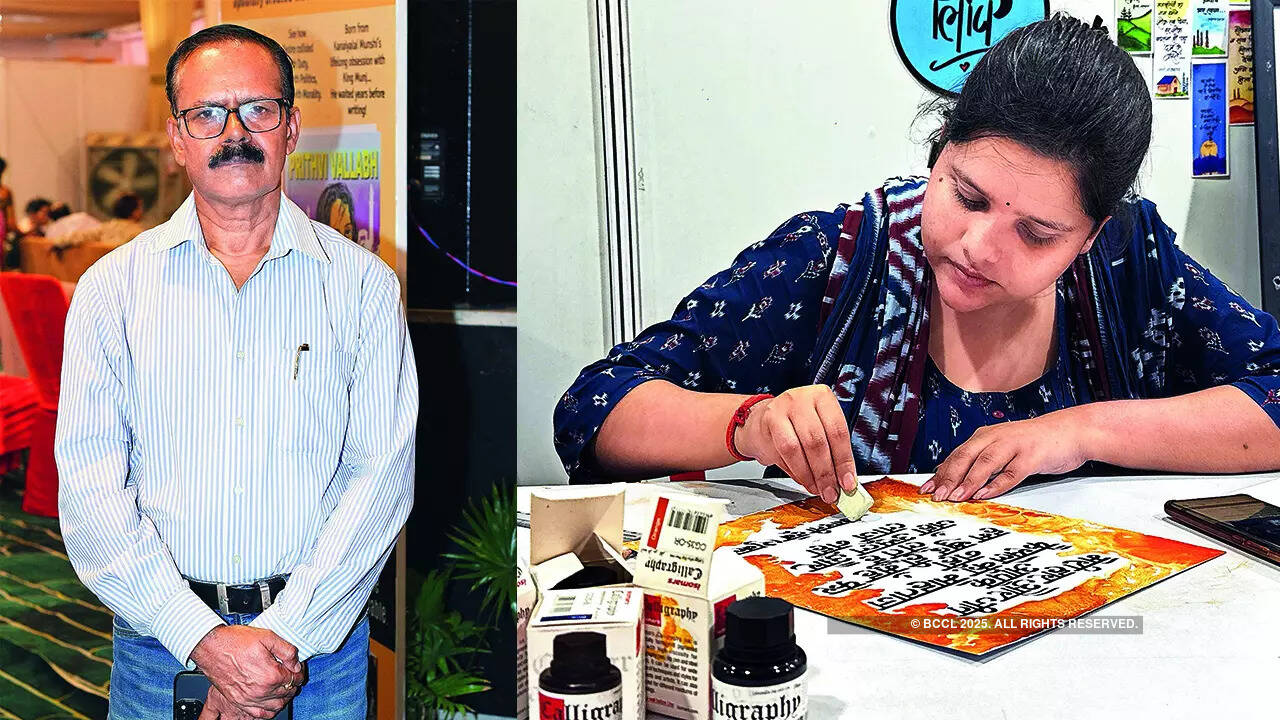 (L) Manoj Singh Chandel, Convener, Lucknow Book Fair (R) Shashi Yadav’s calligraphy stall has became an instant favourite among visitors