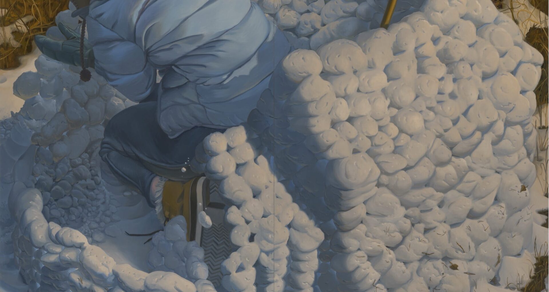 an oil painting by Maud Madsen of a woman in a coat and snow pants making a walled or igloo-like structure out of snowballs