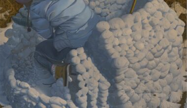 an oil painting by Maud Madsen of a woman in a coat and snow pants making a walled or igloo-like structure out of snowballs