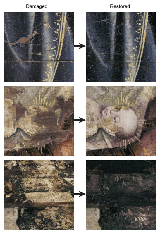 Side-by-side comparison showing three sections of a painting, each with a "Damaged" version on the left and a "Restored" version on the right, highlighting visible improvements after restoration.