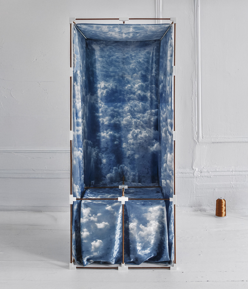 modular brass grid chair draped in velvet replicates coreless exoskeleton skyscrapers