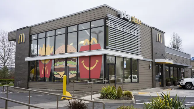 Outside of a McDonald's, featuring a PlayPlace