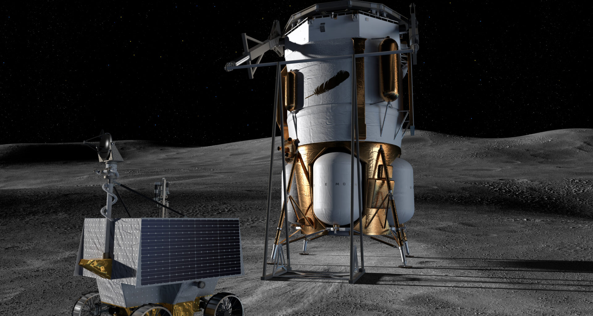 This artist’s concept shows Blue Origin’s Blue Moon Mark 1 lander and NASA’s VIPER (Volatiles Investigating Polar Exploration Rover) on the lunar surface.
