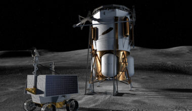 This artist’s concept shows Blue Origin’s Blue Moon Mark 1 lander and NASA’s VIPER (Volatiles Investigating Polar Exploration Rover) on the lunar surface.